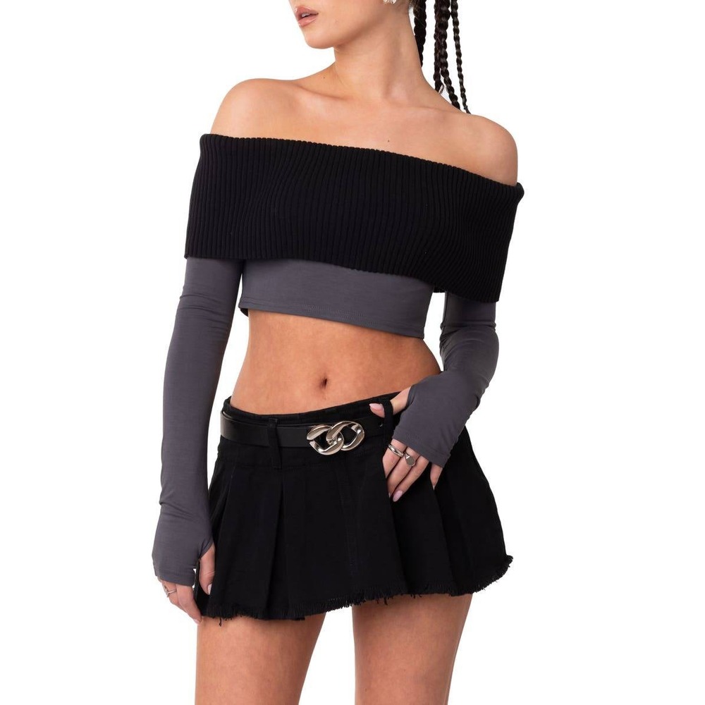 Edikted Womens Layered Off The‎ Shoulder Ribbed Knit Crop Top Black Grey Large